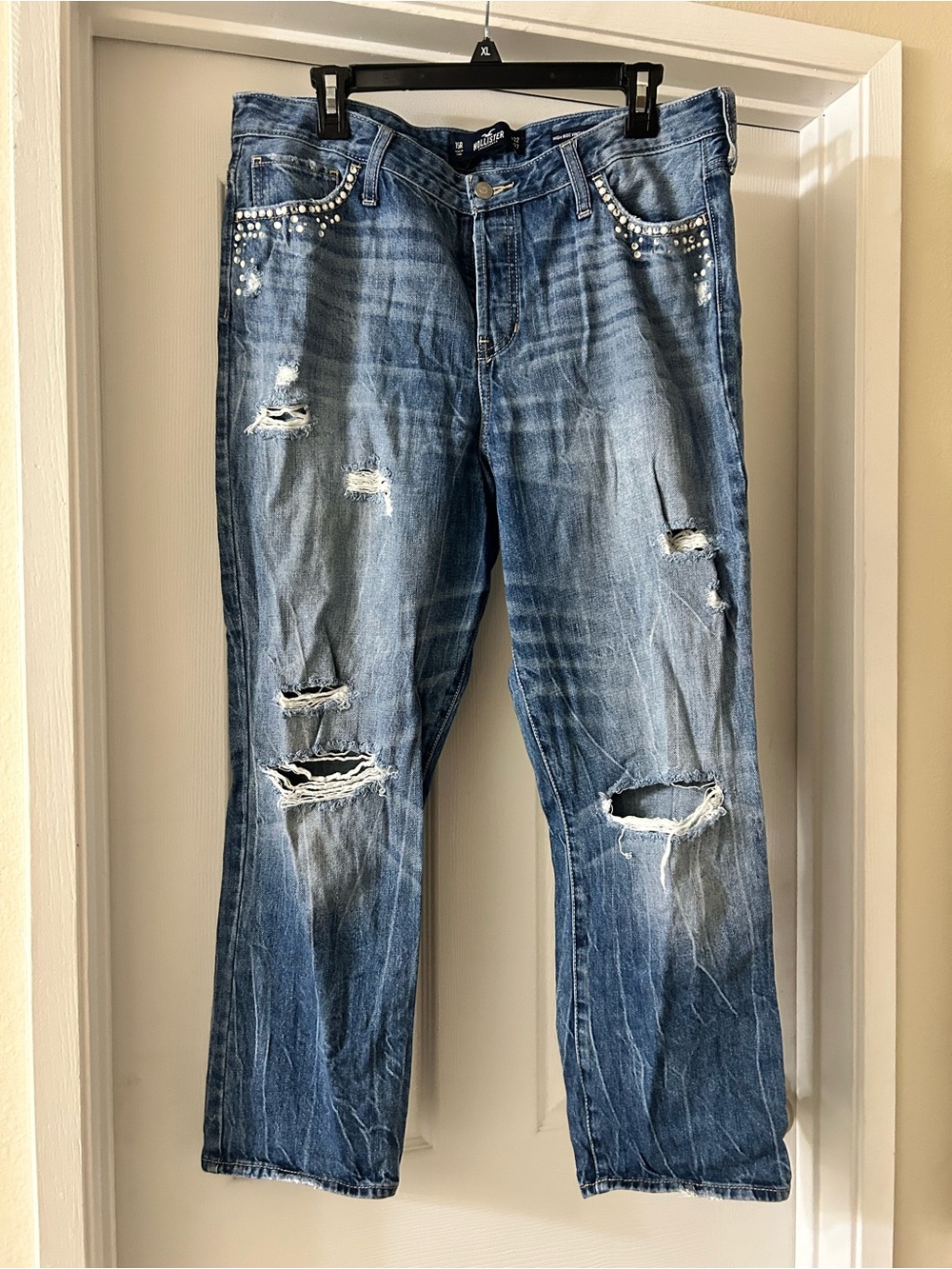 Hollister Distressed Blue Straight Jeans with Studded Pockets